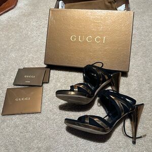 Gucci Black and Gold Strappy Heels
